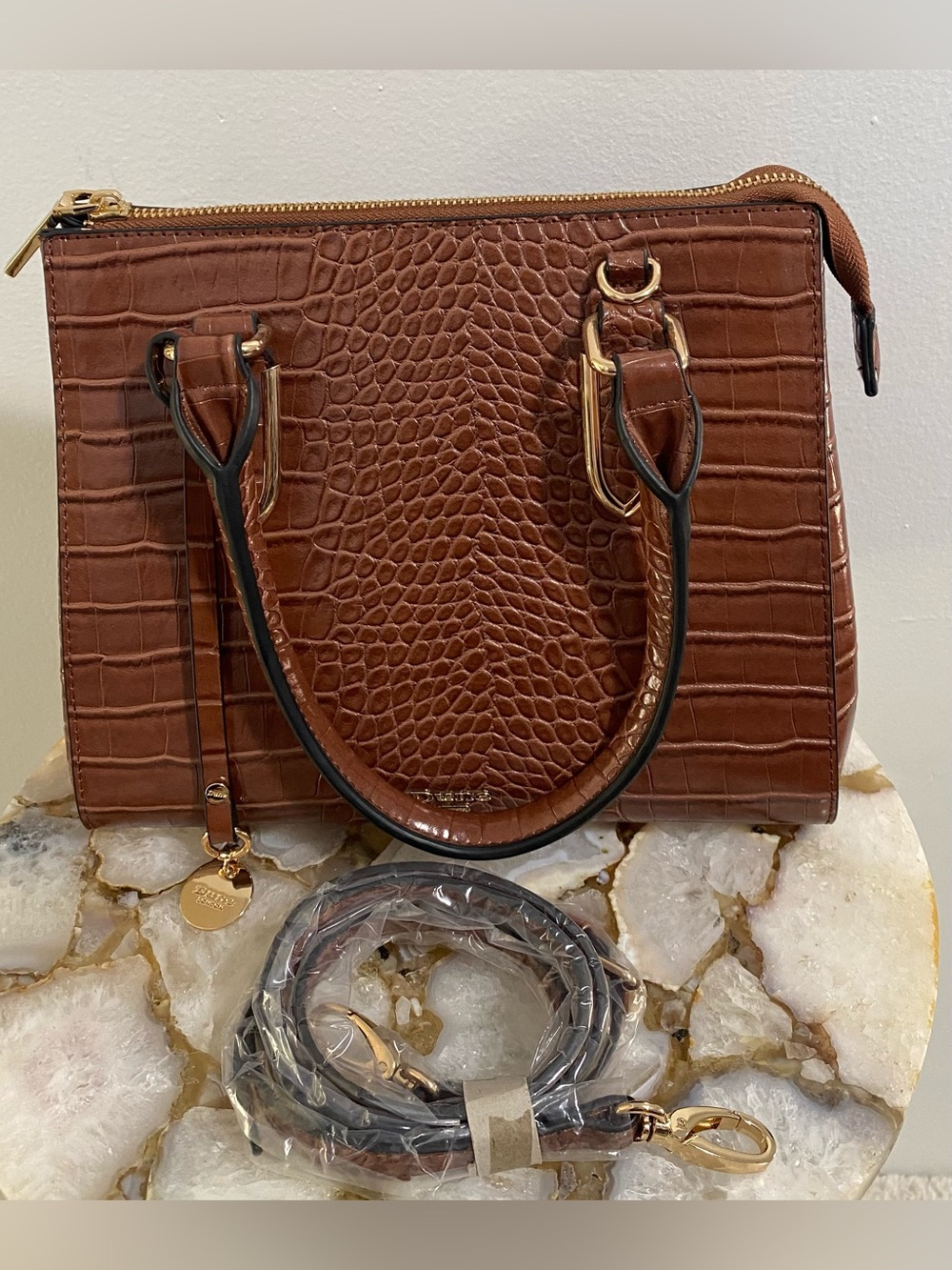 Dune London Brown Croc-Embossed Structured Shoulder Bag with Gold Hardware
